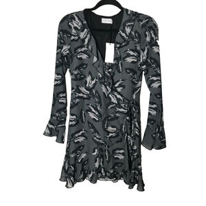Roe Mae Women's Wrap Dress Mini Long Sleeve Ruffle Lined Gray New small 4